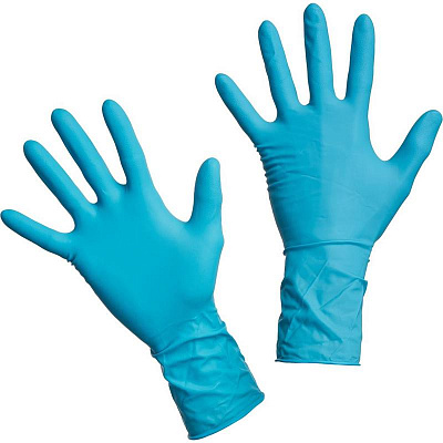 Фото детальное: Перчатки Dermagrip Hign латексные синие нест опудренные М 25/250